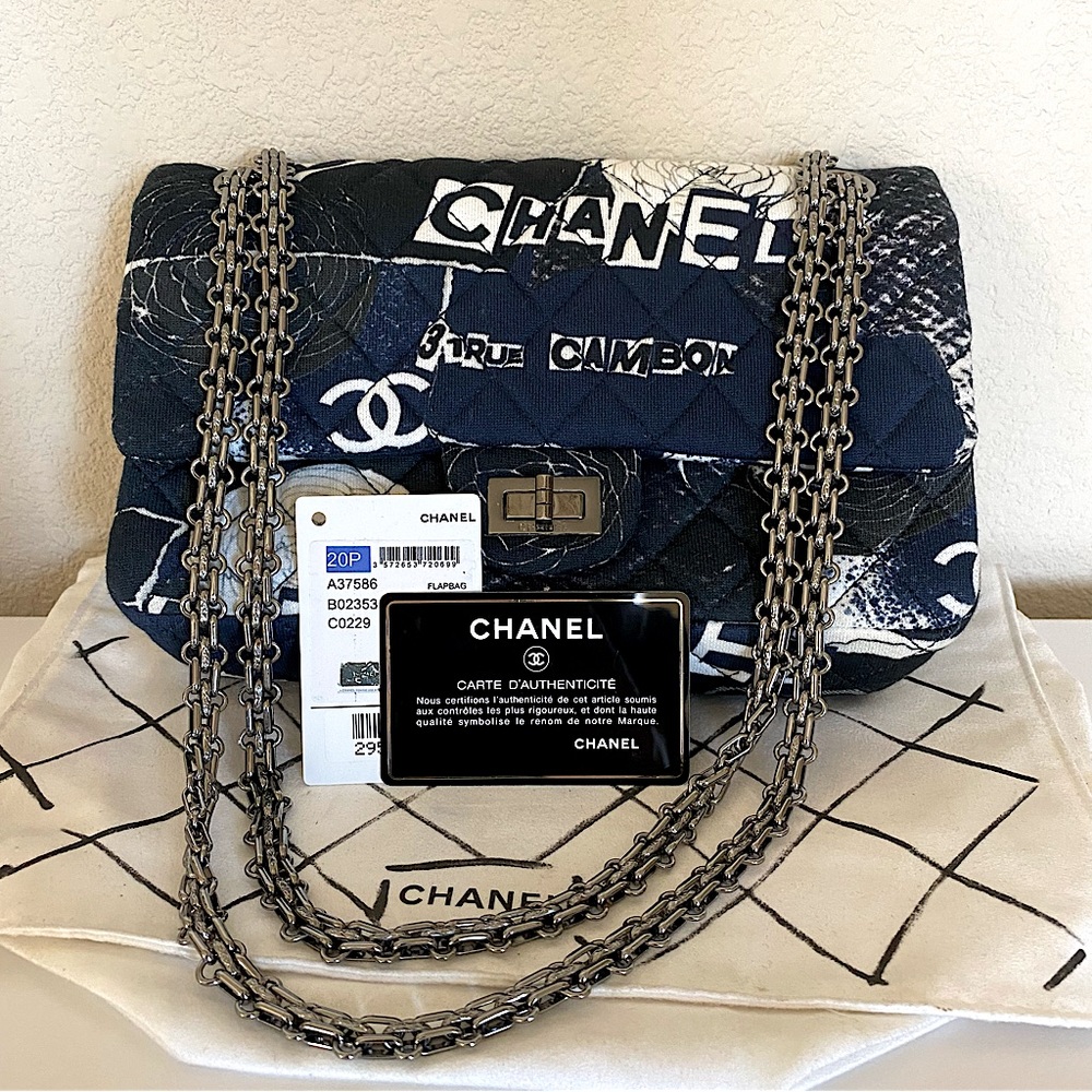 Auth Chanel Graffiti Small Reissue 225 Double Flap Classic Jersey Knit Bag